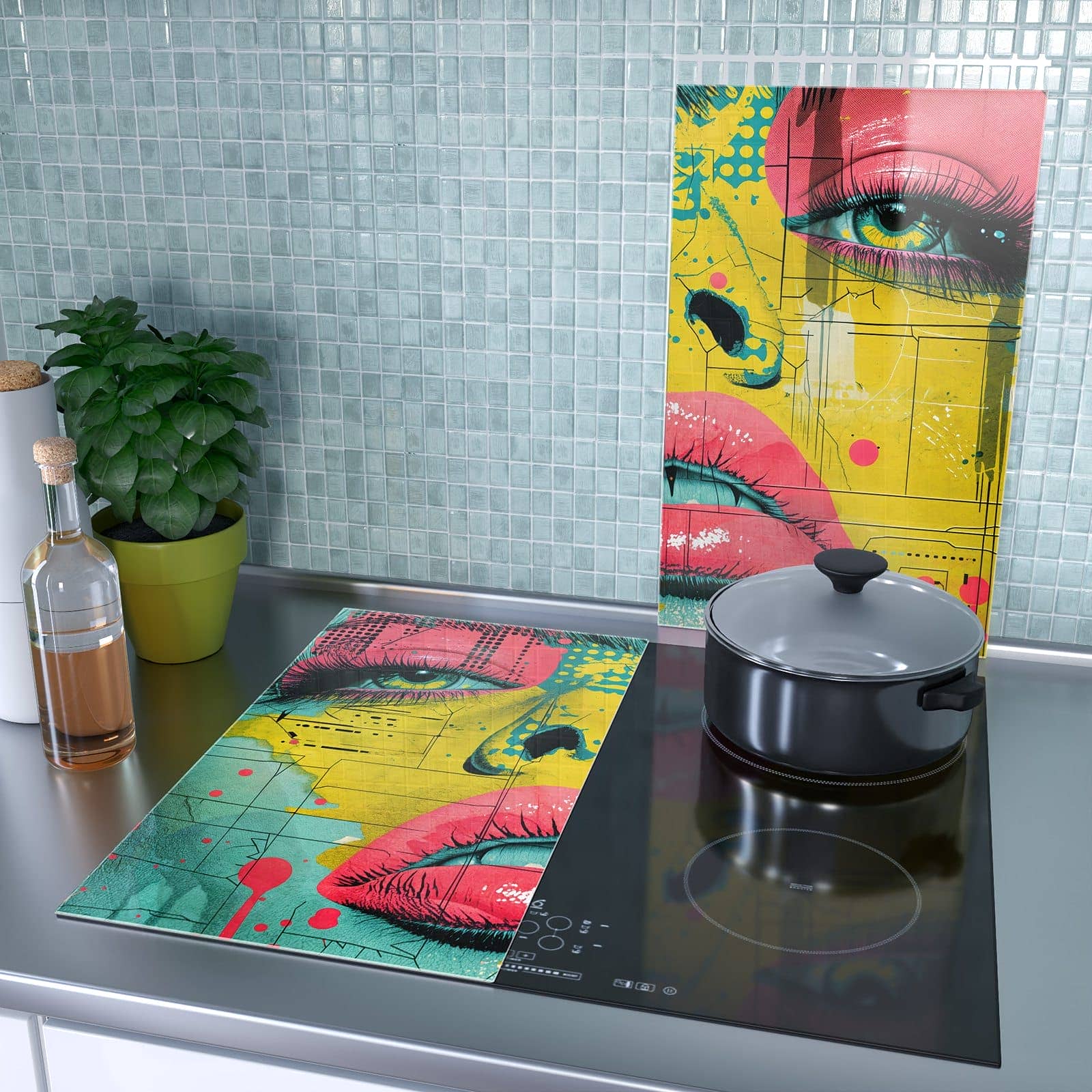 2-teilige Herdabdeckplatte mit Portrait Pop Art-Motiv als Spritzschutz hinter dem Kochfeld