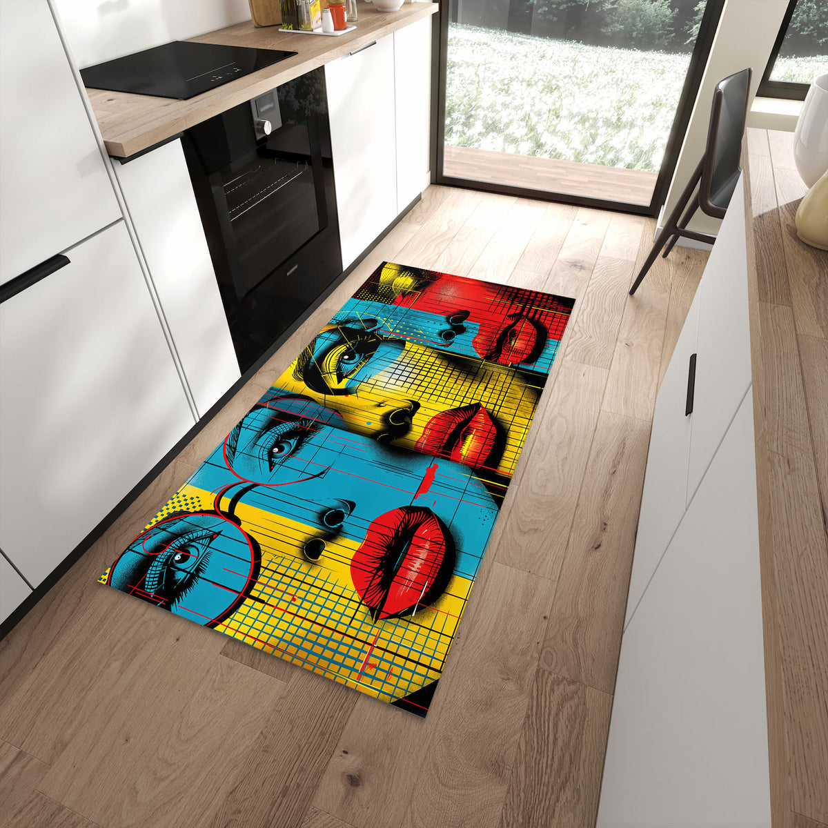Langlebiger rutschfester Küchenteppich mit Motiv Pop Art Gesichter in moderner Küche