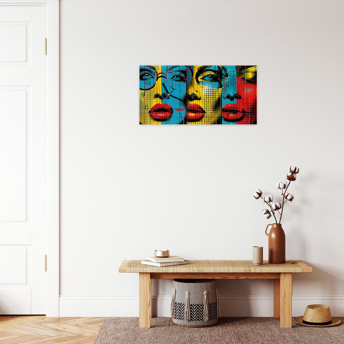 Moderne Wanduhr aus Glas mit Farbtiefe – Wanduhr Pop Art Gesichter aus Glas – Querformat 60 × 30 cm