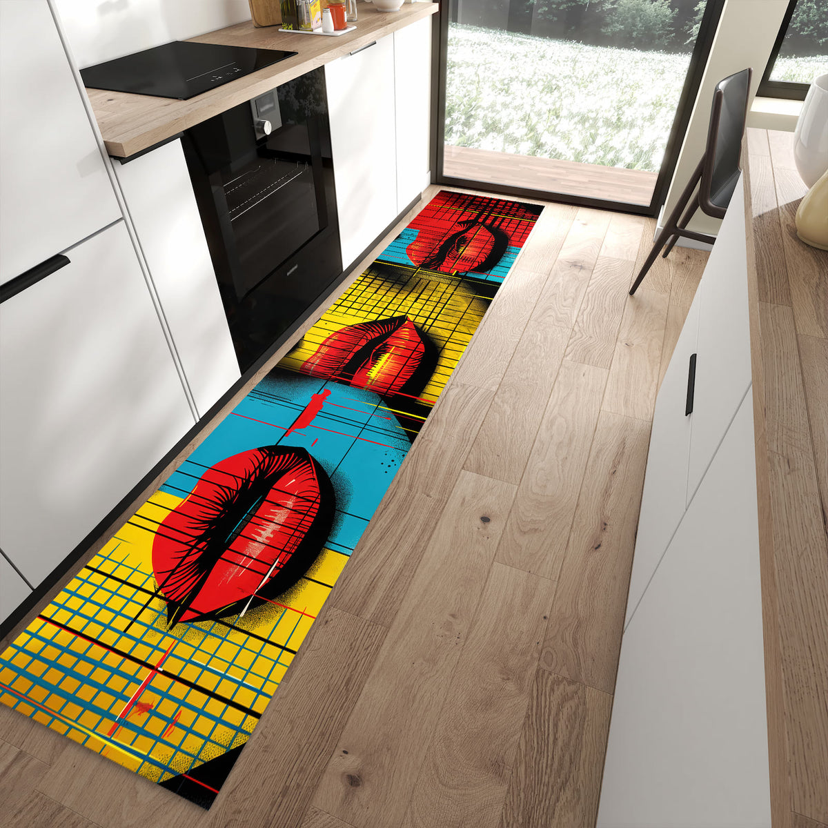 Rutschfester Küchenläufer mit Motiv Pop Art Gesichter in moderner Küche
