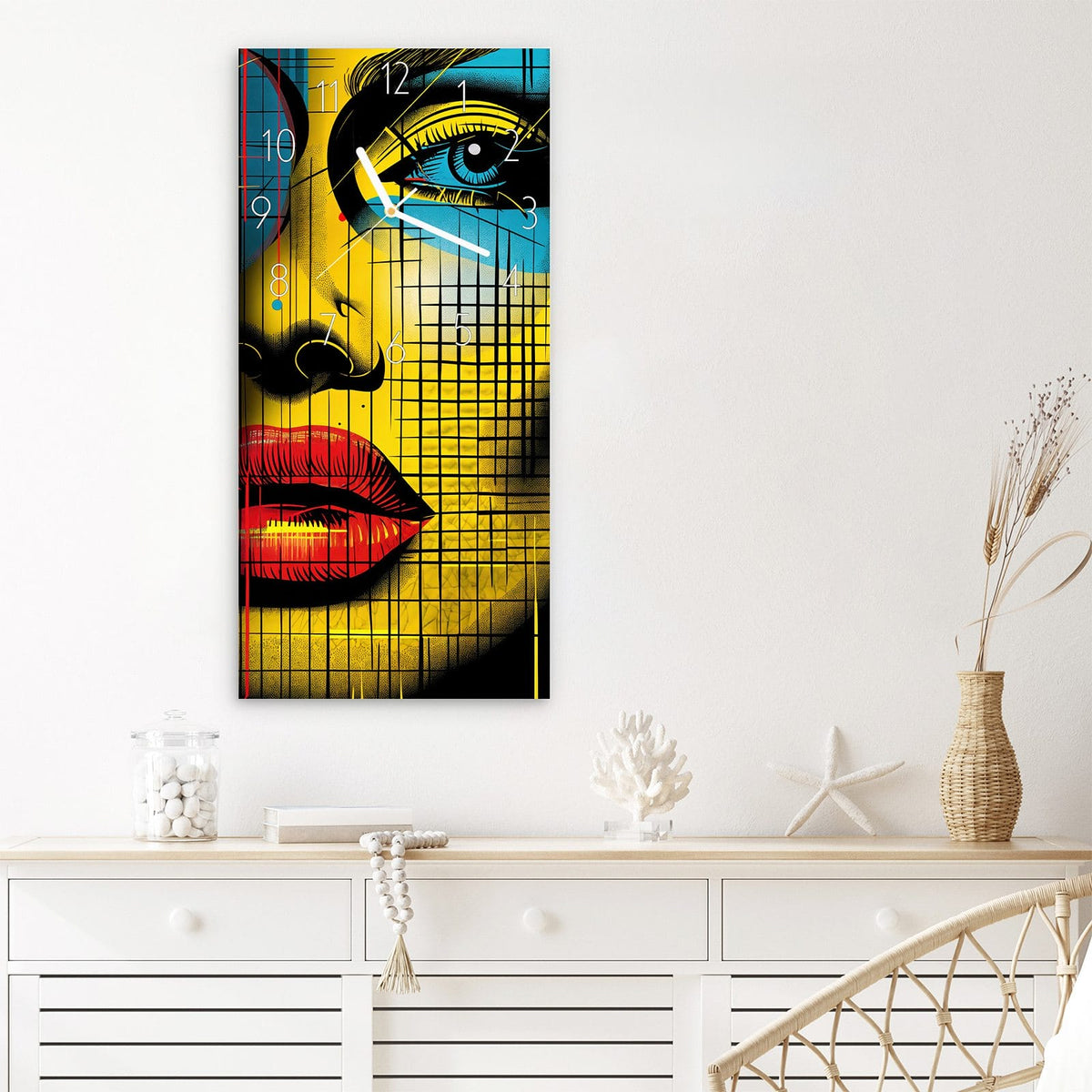 Wanduhr Pop Art Gesichter aus Glas – Drei Gesichtshälften mit roten Lippen