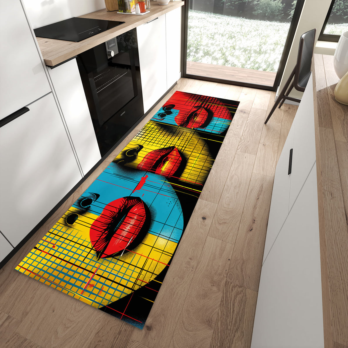 Hygienischer Küchenteppich mit Motiv Pop Art Gesichter in moderner Küche - leicht waschbar