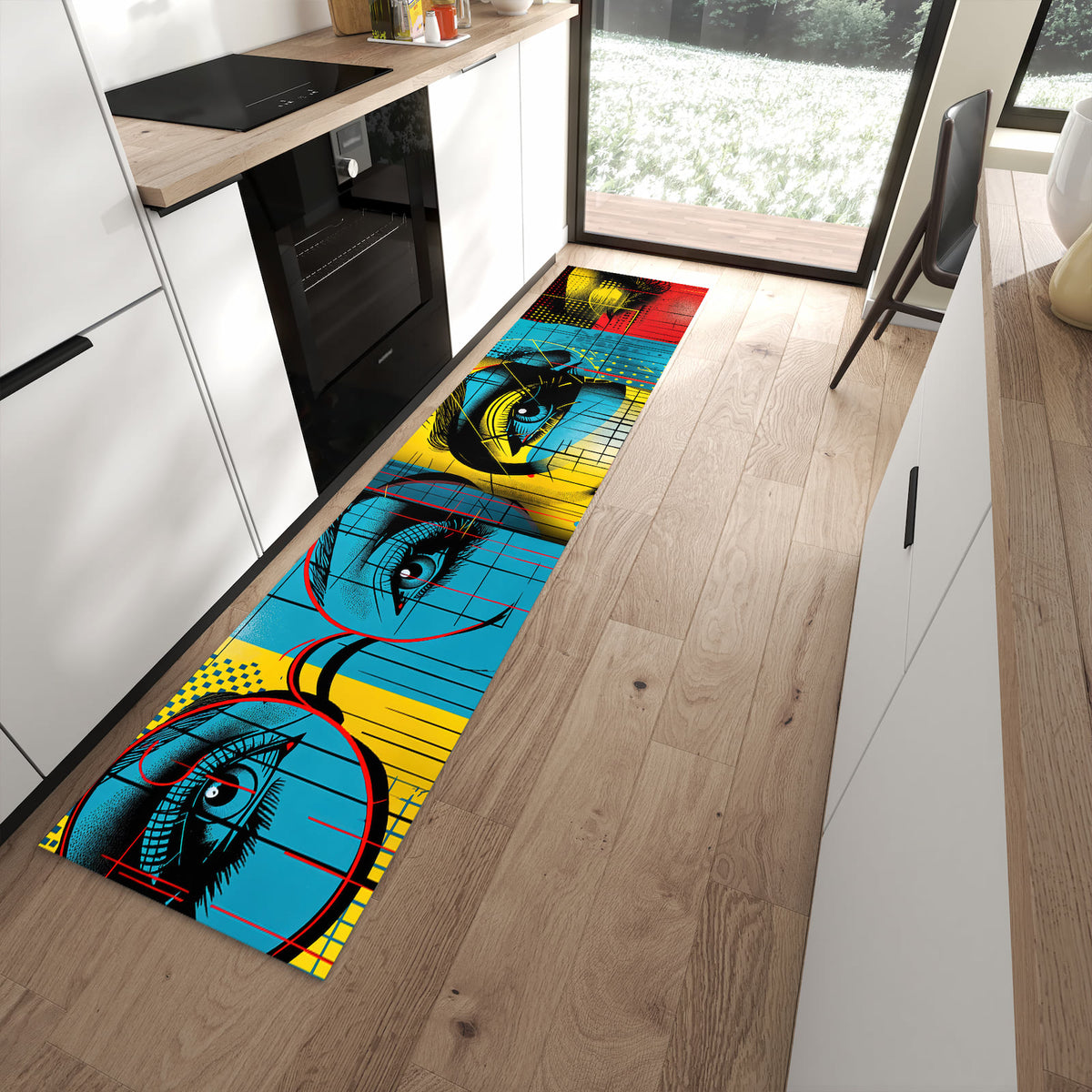 Komfortabler waschbarer Küchenteppich mit Motiv Pop Art Gesichter in moderner Küche