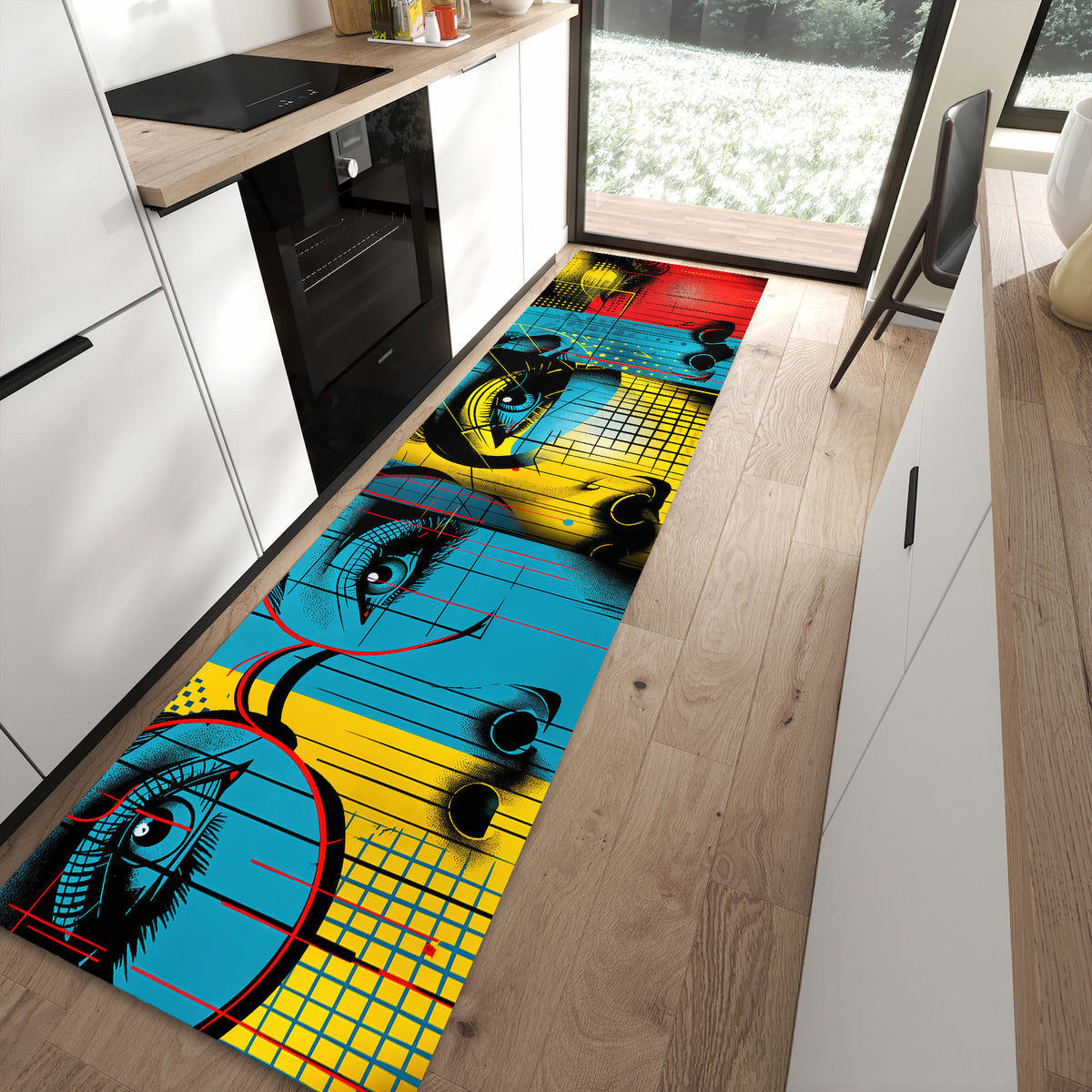 Waschbarer großer Küchenteppich mit Motiv Pop Art Gesichter in moderner Küche