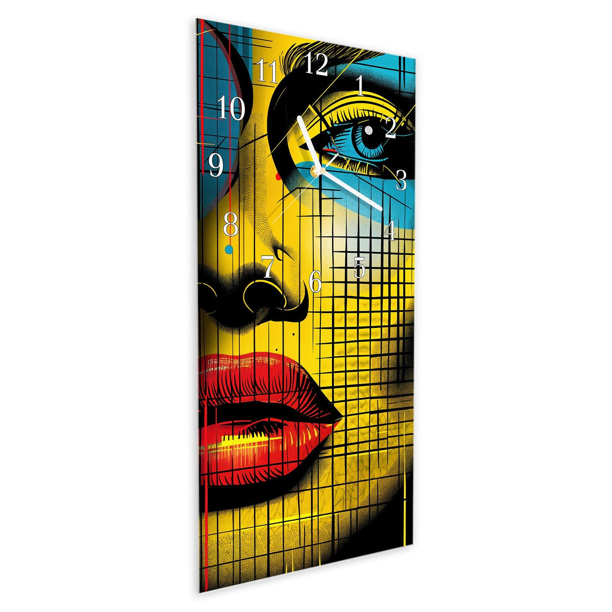 Vormontiert – mit Schwebeeffekt – Wanduhr Pop Art Gesichter aus Glas – Hochformat 30 × 60 cm