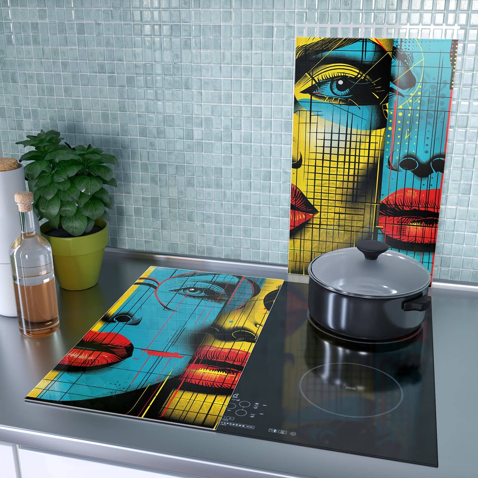 2-teilige Herdabdeckplatten für Ceranfeld mit Pop Art Gesichter-Motiv als Spritzschutz hinter dem Kochfeld