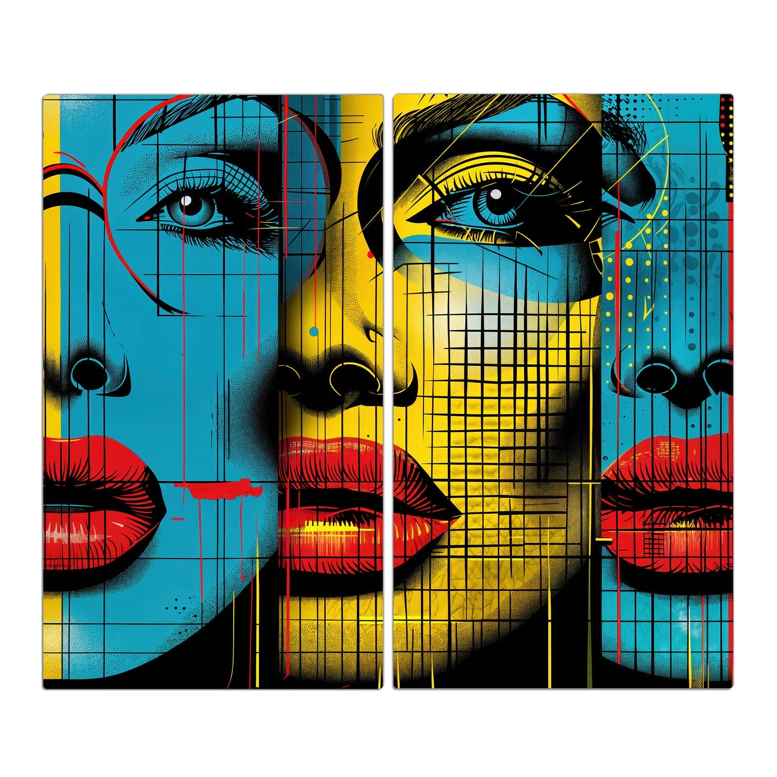 2-teilige Herdabdeckplatte mit Pop Art Gesichter-Motiv in der Frontansicht #grösse_2-Teilig (60x52cm)