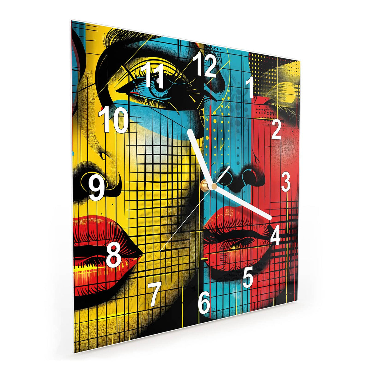 Quadratische Wanduhr aus Glas Zwei Gesichter schräg von der Seite, 4 mm starkes Glas