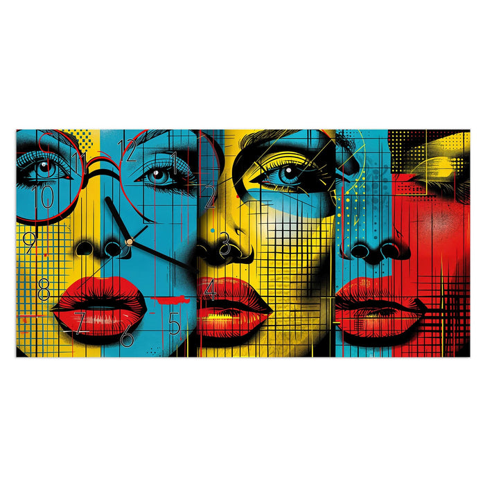 Wanduhr Pop Art Gesichter aus Glas – Querformat 60 × 30 cm mit Ziffernblatt Elegant