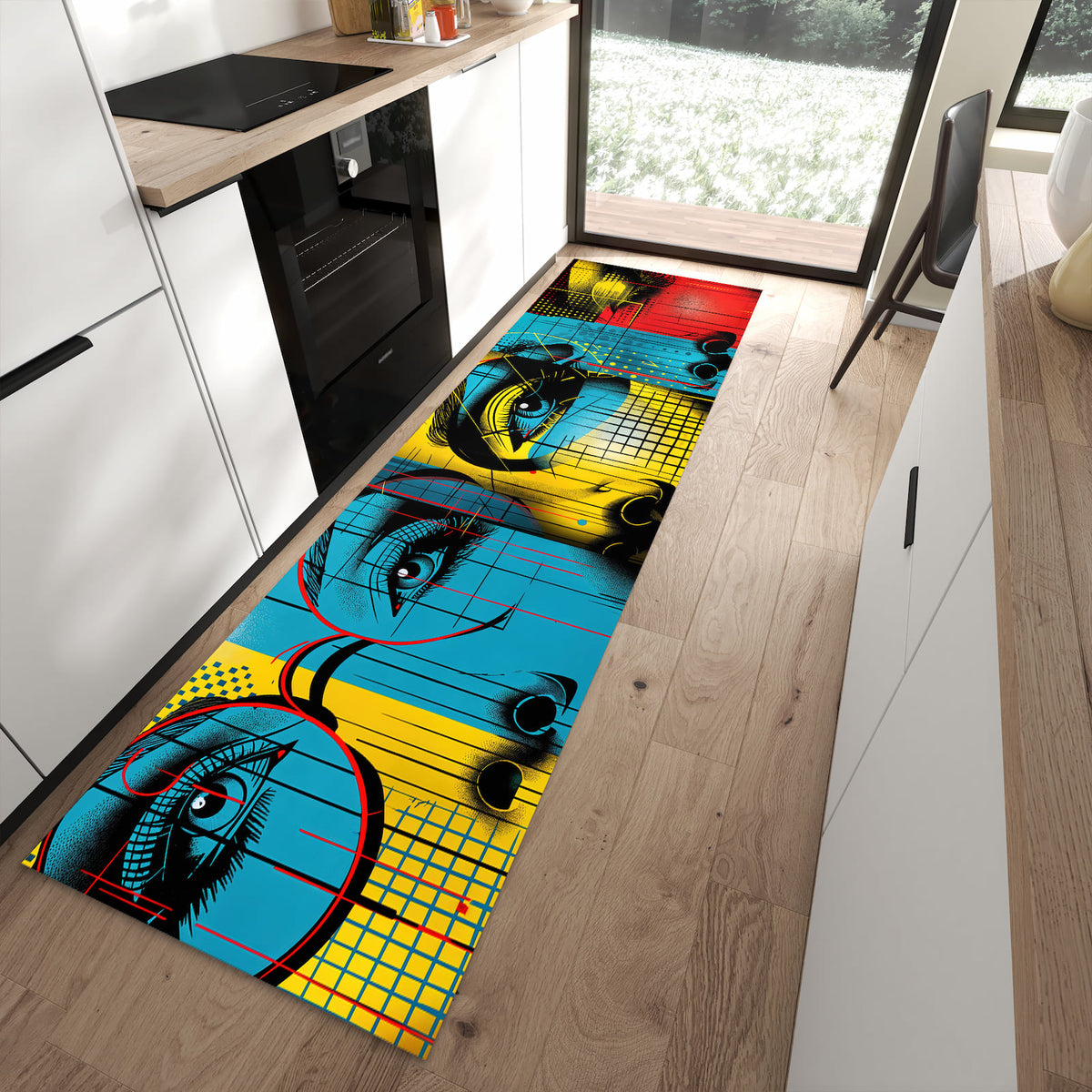 Strapazierfähiger waschbarer Küchenteppich mit Motiv Pop Art Gesichter in moderner Küche