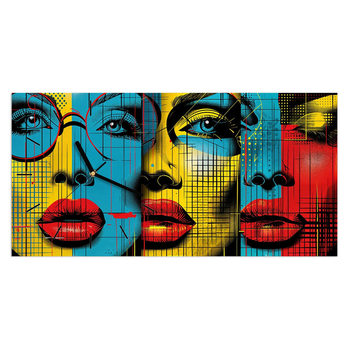 Wanduhr Pop Art Gesichter aus Glas – Querformat 60 × 30 cm mit Ziffernblatt Linie