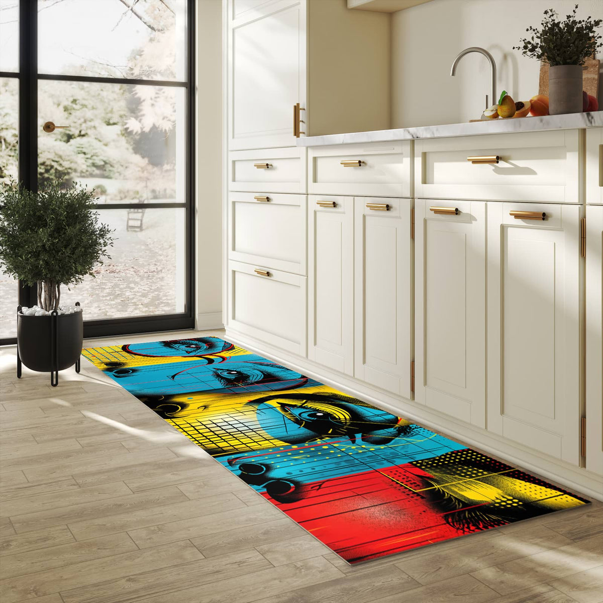 Schmutzabweisender Küchenläufer mit Motiv Pop Art Gesichter in heller Küche