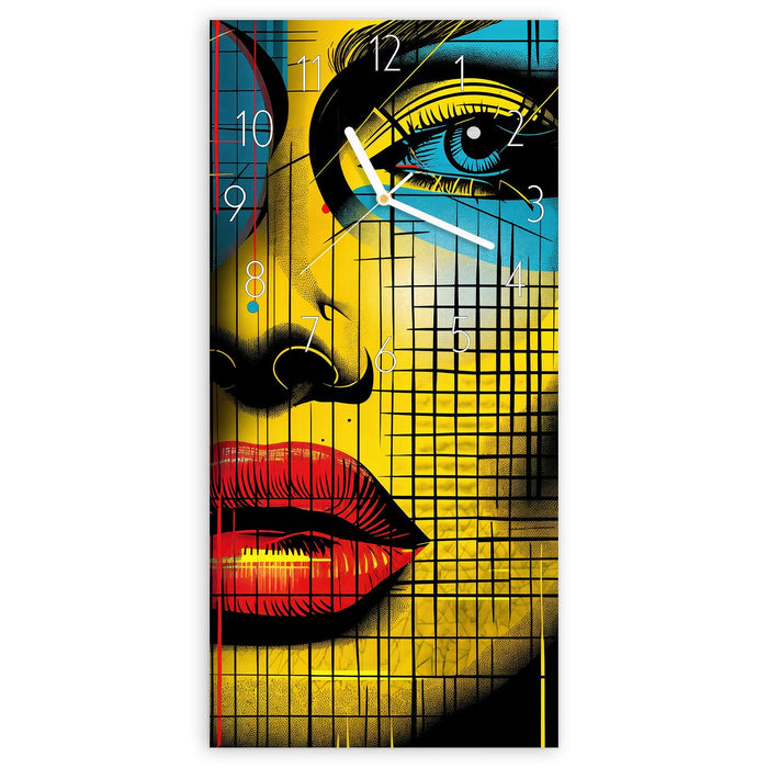 Wanduhr Pop Art Gesichter aus Glas – Hochformat 30 × 60 cm mit Ziffernblatt Elegant
