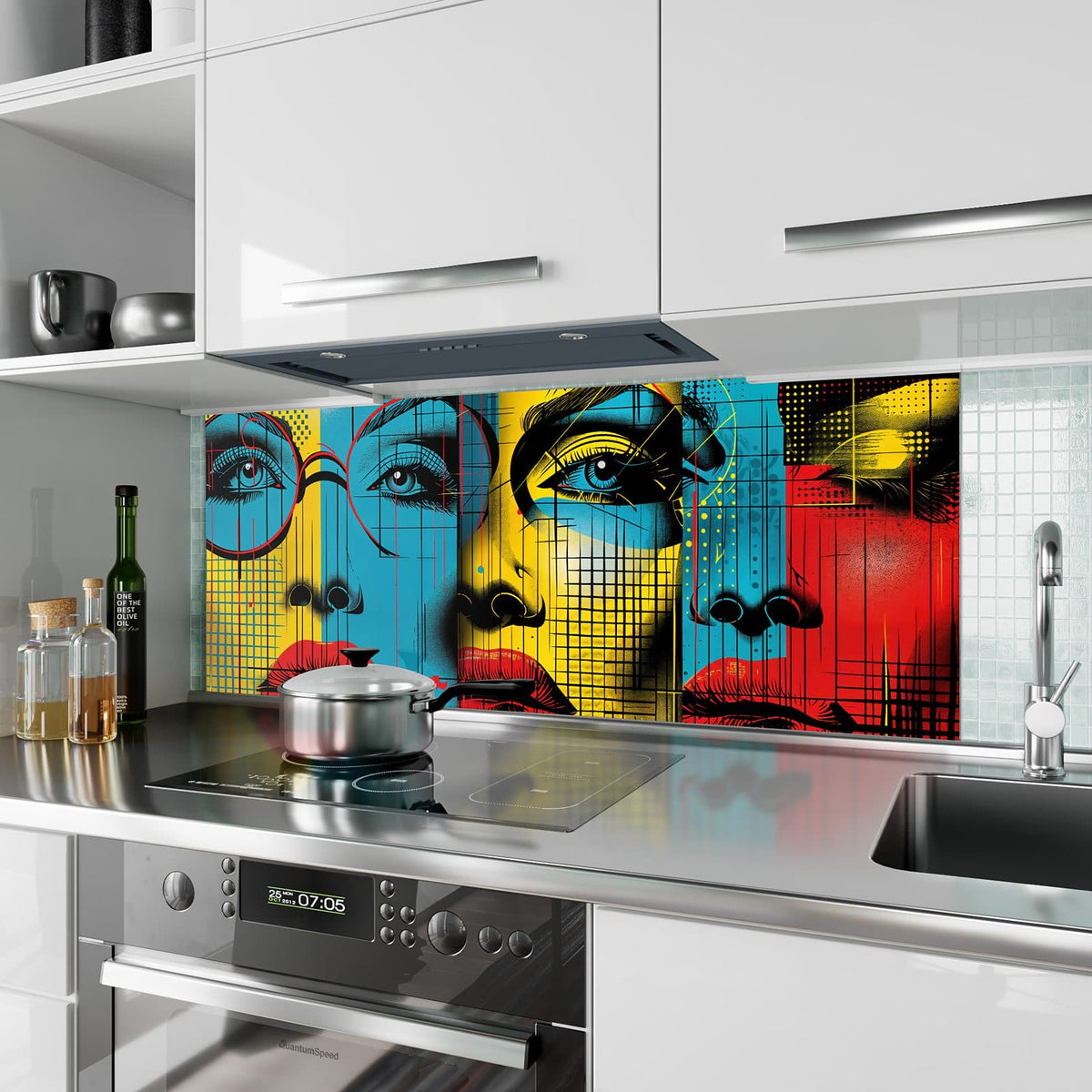 Küchenrückwand aus Glas Zwei Gesichter im Hochformat als Spritzschutz hinter dem Kochfeld, über dem Fliesenspiegel montiert