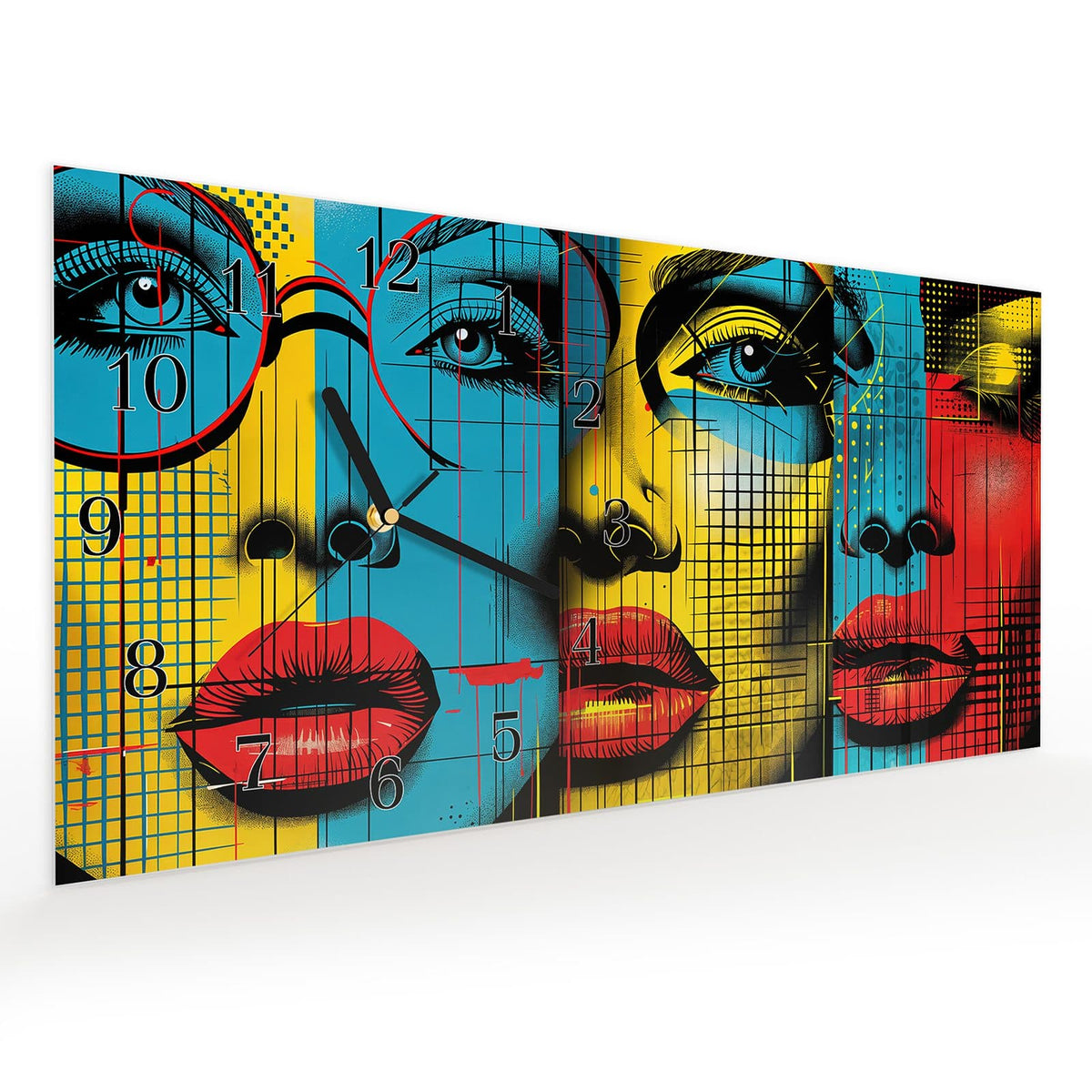 Vormontiert – mit Schwebeeffekt – Wanduhr Pop Art Gesichter aus Glas – Querformat 60 × 30 cm
