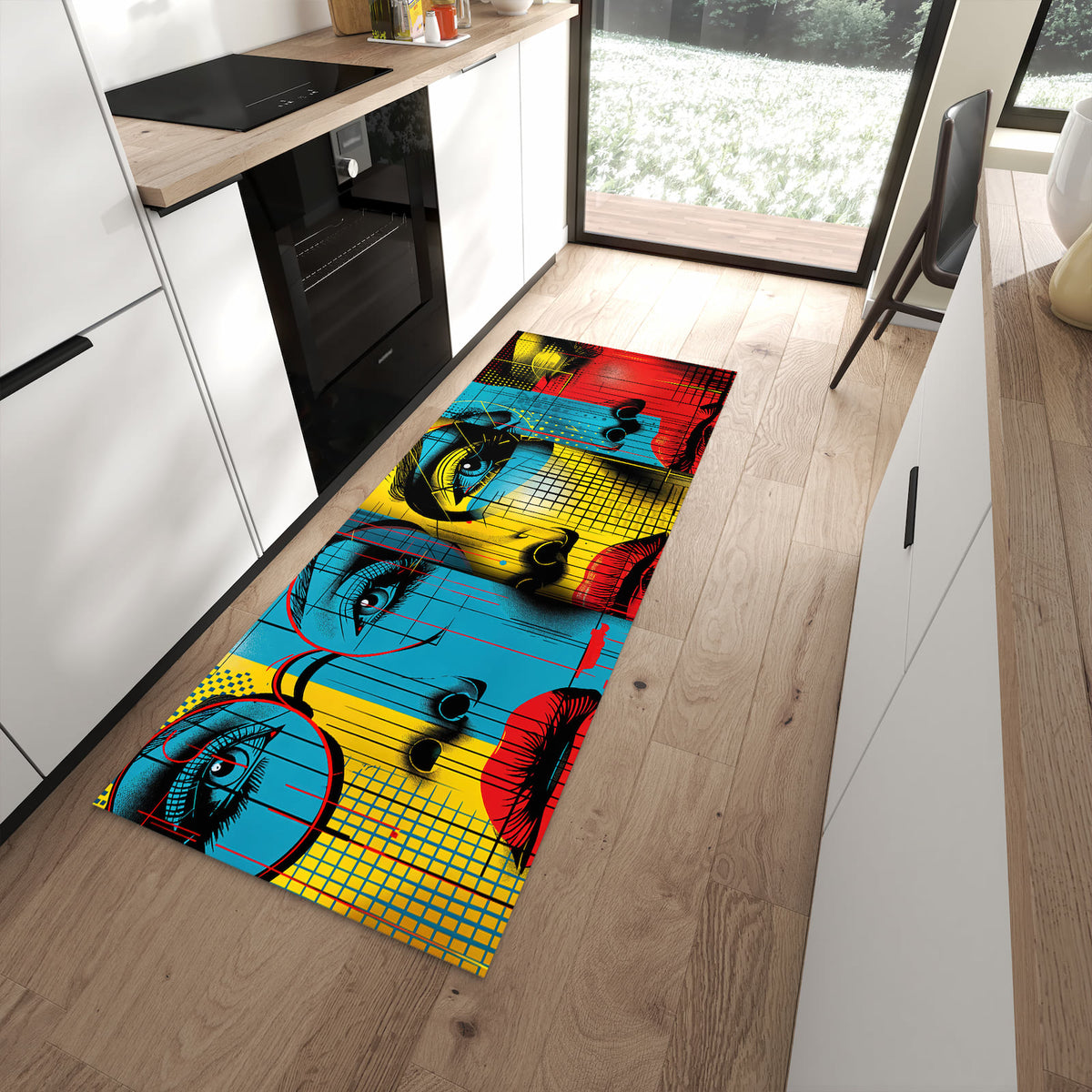 Küchenteppich mit Motiv Pop Art Gesichter für angenehme Haptik in moderner Küche