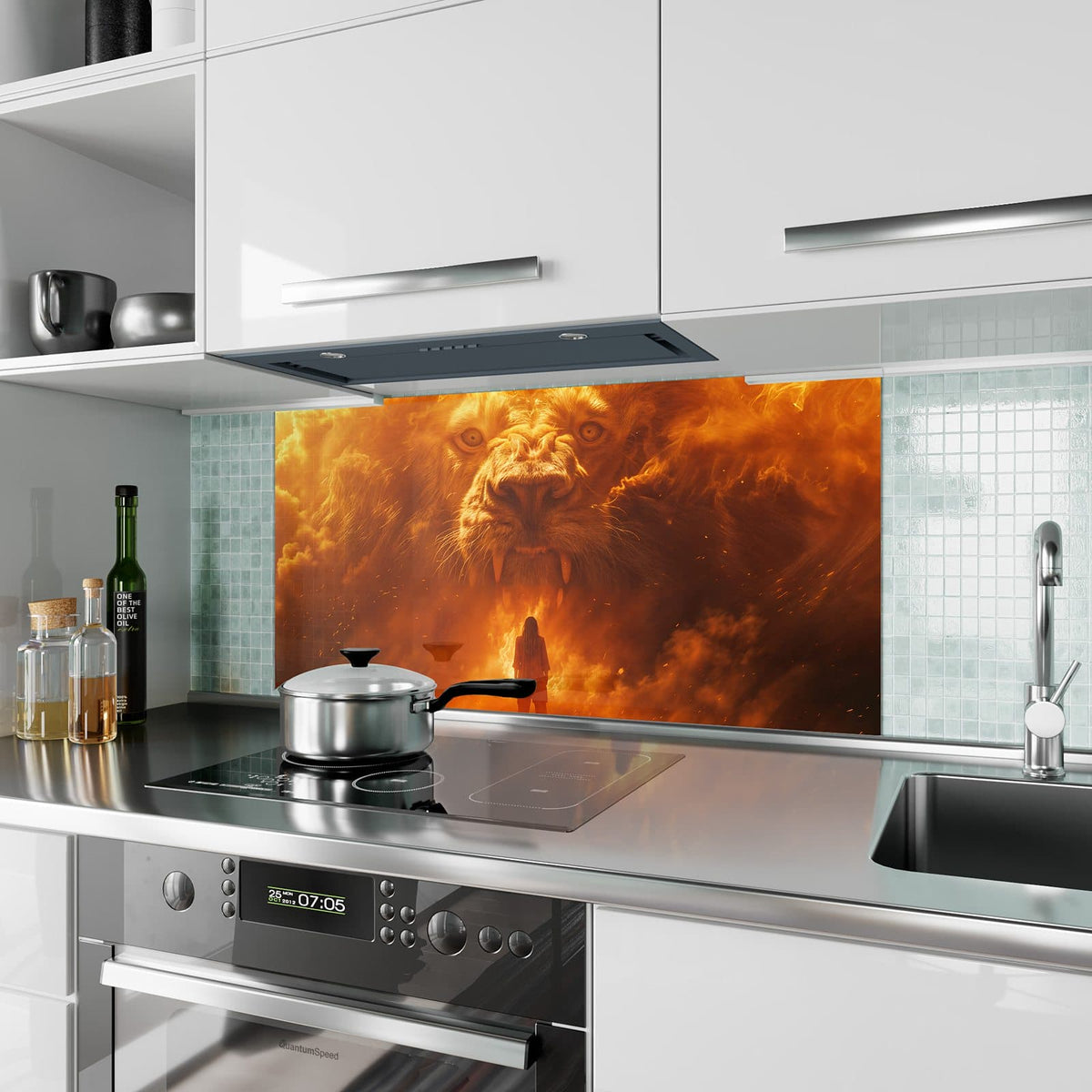 Küchenrückwand aus Glas Löwe aus Feuer im Hochformat als Spritzschutz hinter dem Kochfeld, über dem Fliesenspiegel montiert