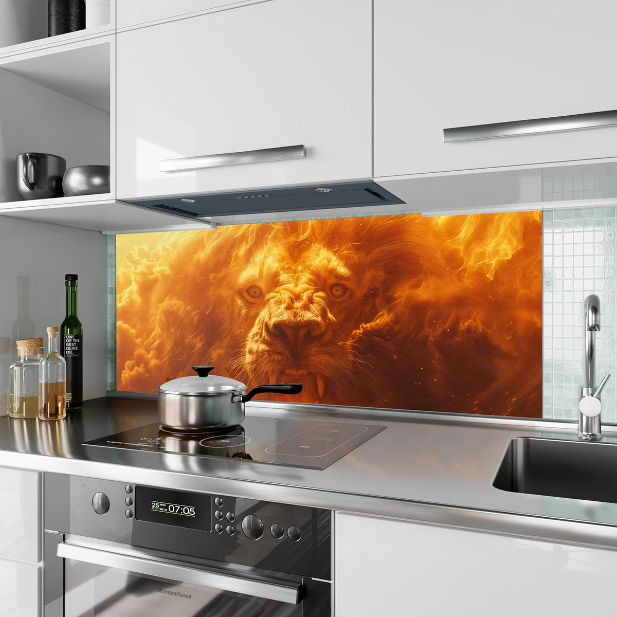 Küchenrückwand aus Glas Löwe aus Feuer im Hochformat als Spritzschutz hinter dem Kochfeld, über dem Fliesenspiegel montiert