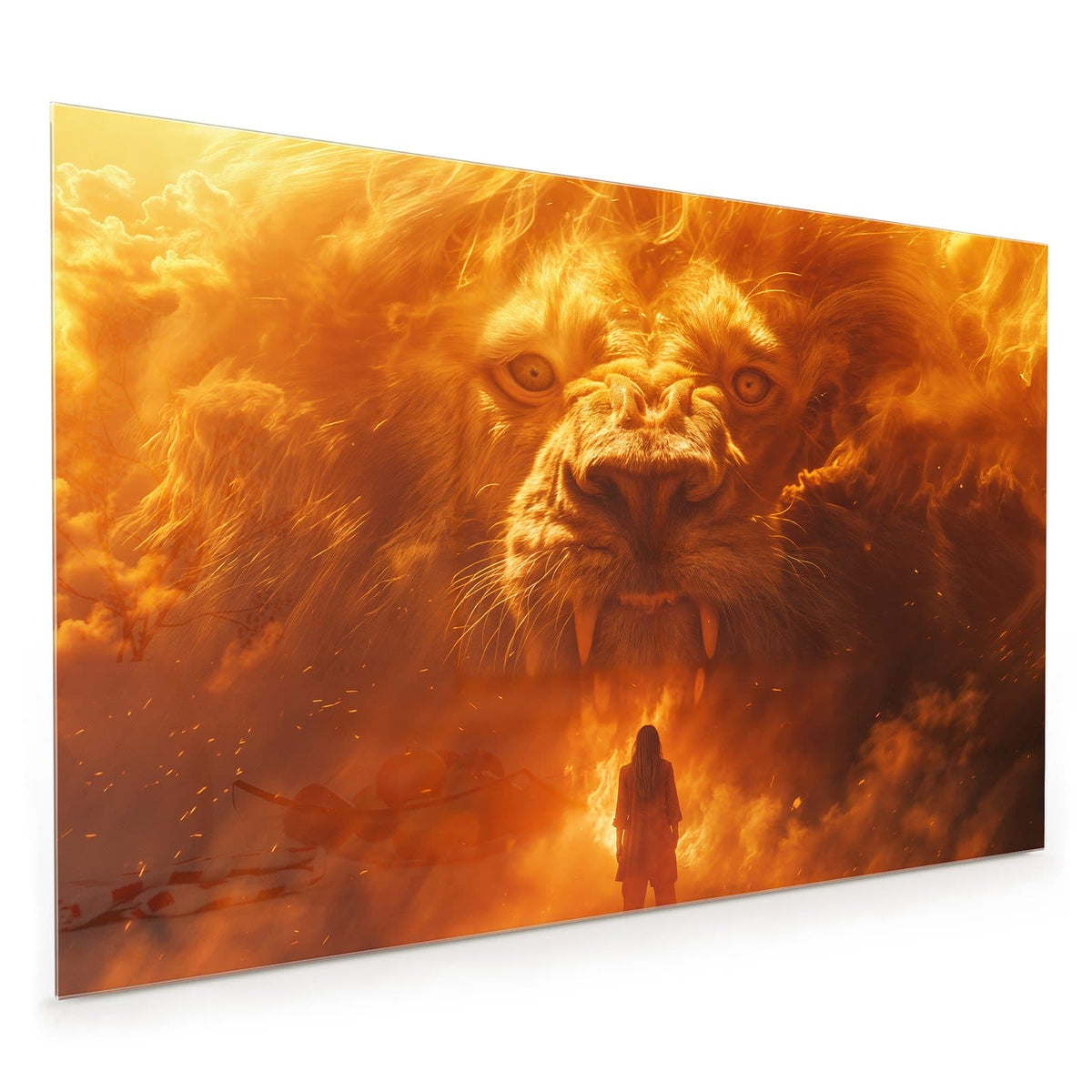 Küchenrückwand aus Glas im Hochformat mit Motiv Löwe aus Feuer: Riesiger Löwenkopf aus Flammen und Funken, davor die kleine Silhouette eines Menschen