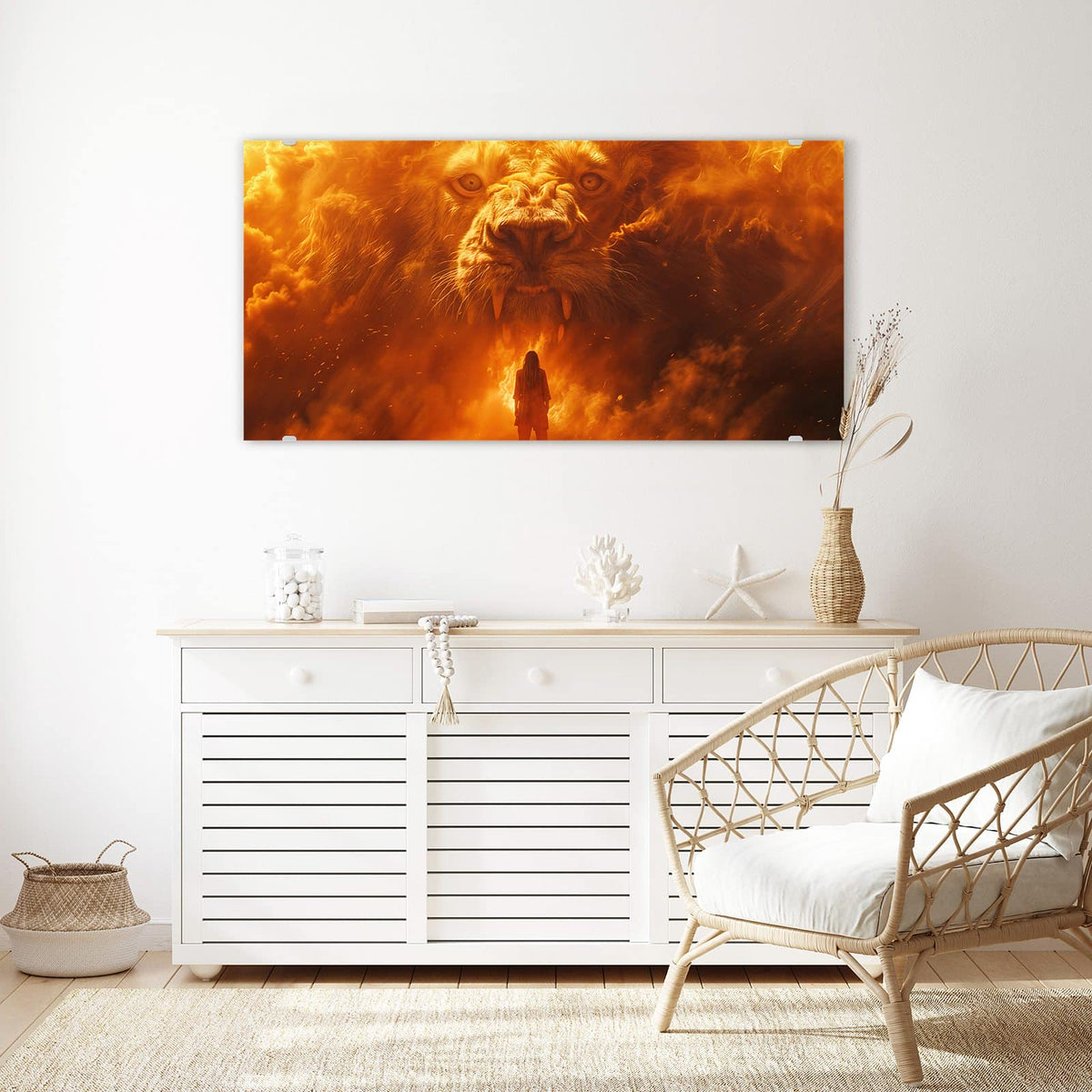 Echtglas, 4 mm – kein Acryl, keine Folie – Wandbild - Löwe aus Feuer - Querformat