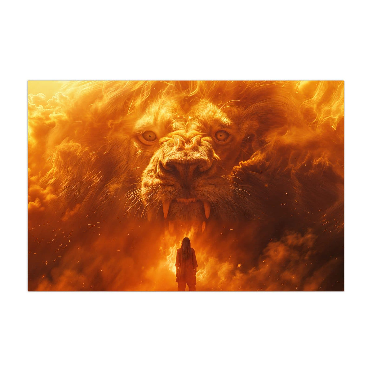 Küchenrückwand aus Glas Löwe aus Feuer im Hochformat, Motiv bildfüllend von vorn