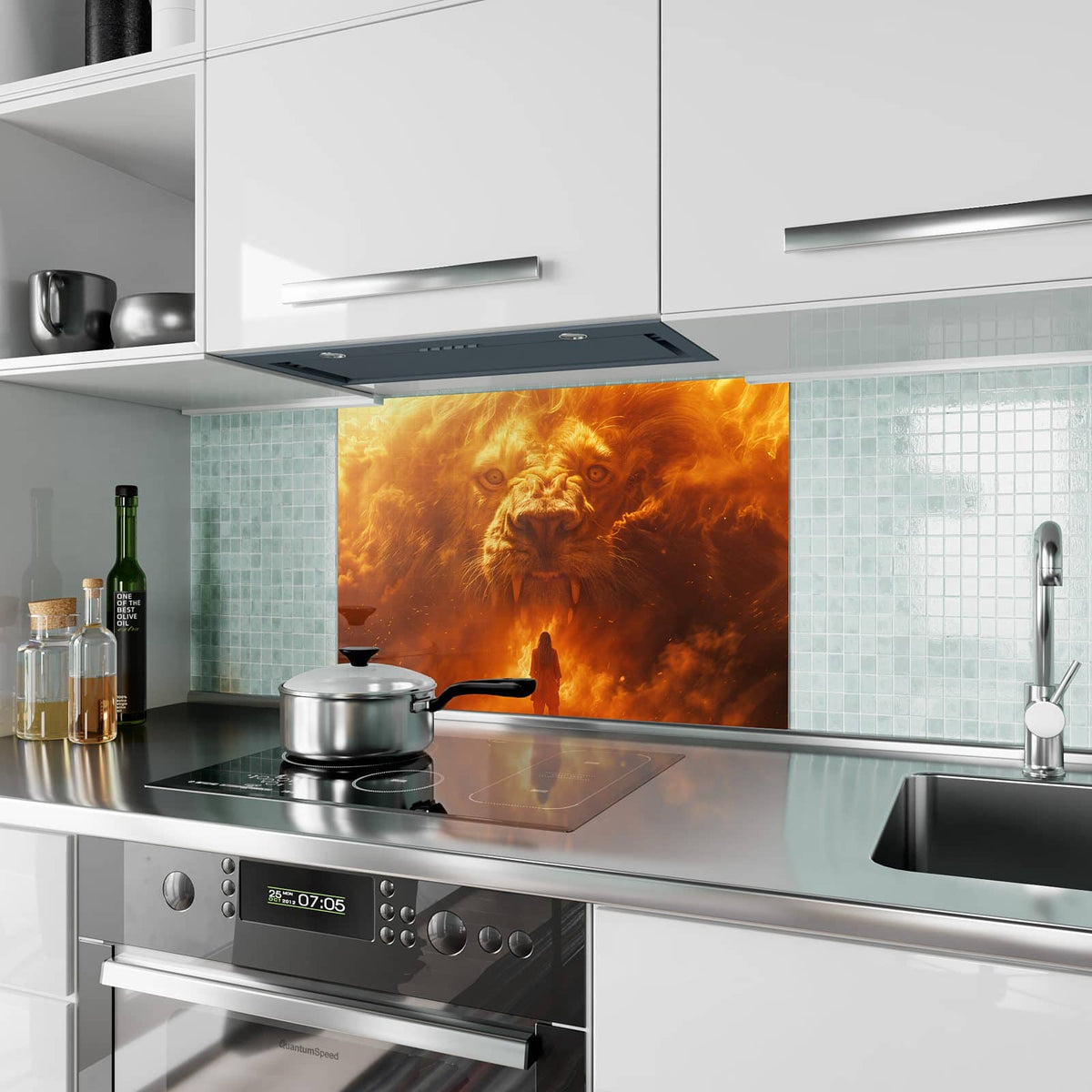Küchenrückwand aus Glas Löwe aus Feuer im Hochformat als Spritzschutz hinter dem Kochfeld, über dem Fliesenspiegel montiert