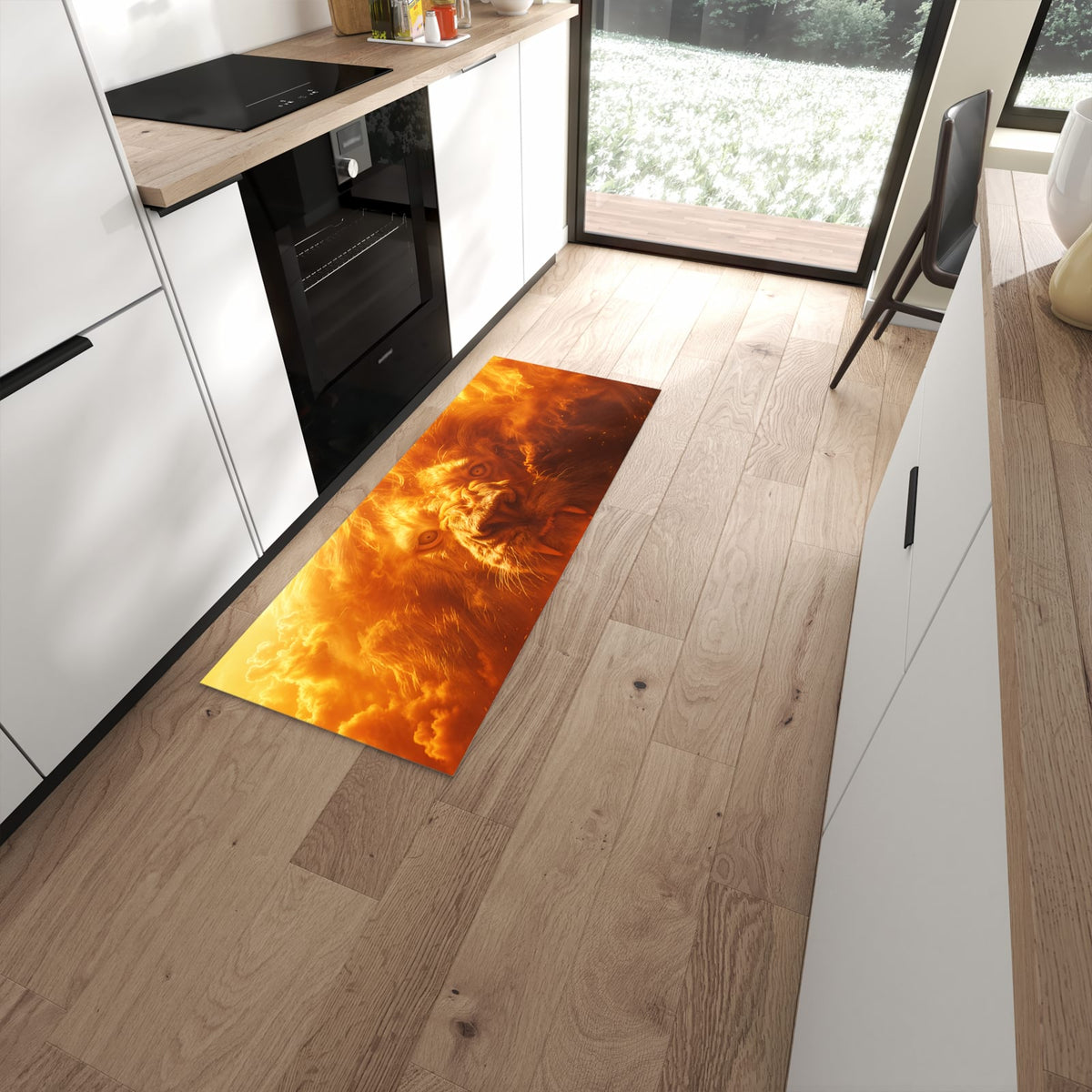 Bodenschonender Küchenläufer mit Motiv Abenteuerlich Löwe in moderner Küche #grösse_60 x 150 cm