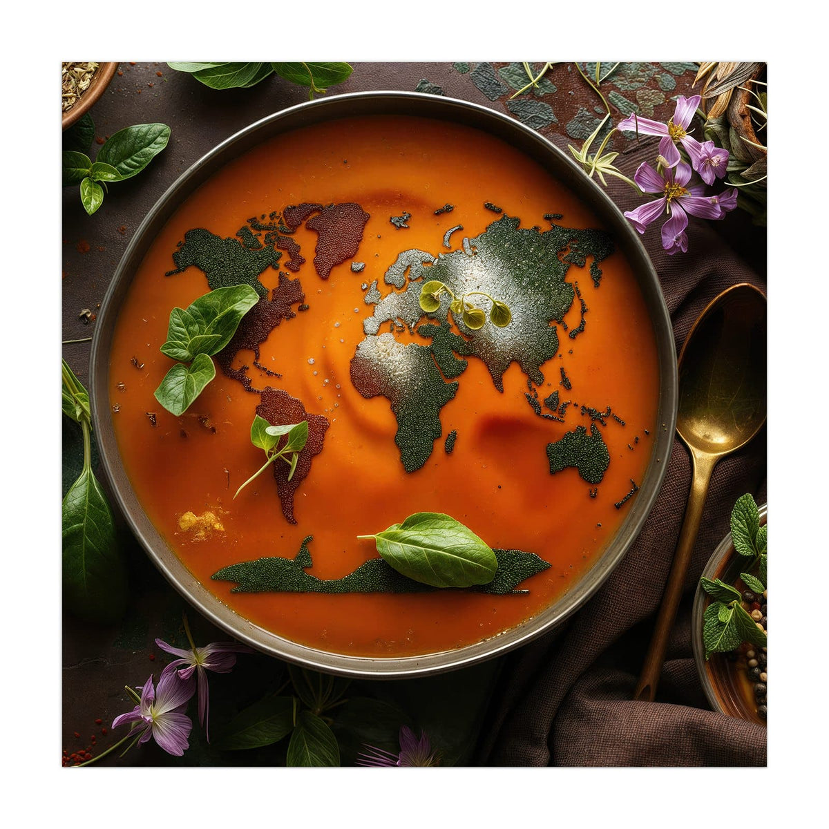 Küchenrückwand aus Glas Suppe mit Weltkarte im quadratischen Format, Motiv bildfüllend von vorn