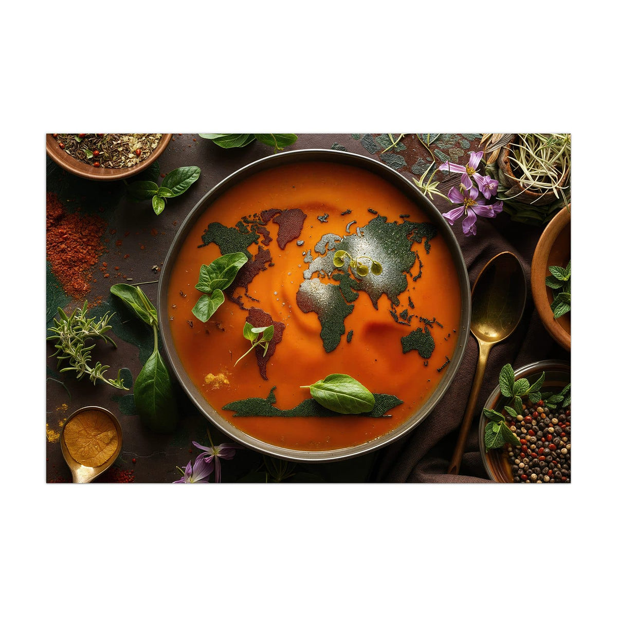 Küchenrückwand aus Glas Suppe mit Weltkarte im Hochformat, Motiv bildfüllend von vorn