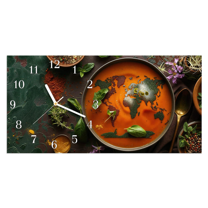 Wanduhr Weltkarte Suppe aus Glas – Querformat 60 × 30 cm mit Ziffernblatt Klassisch