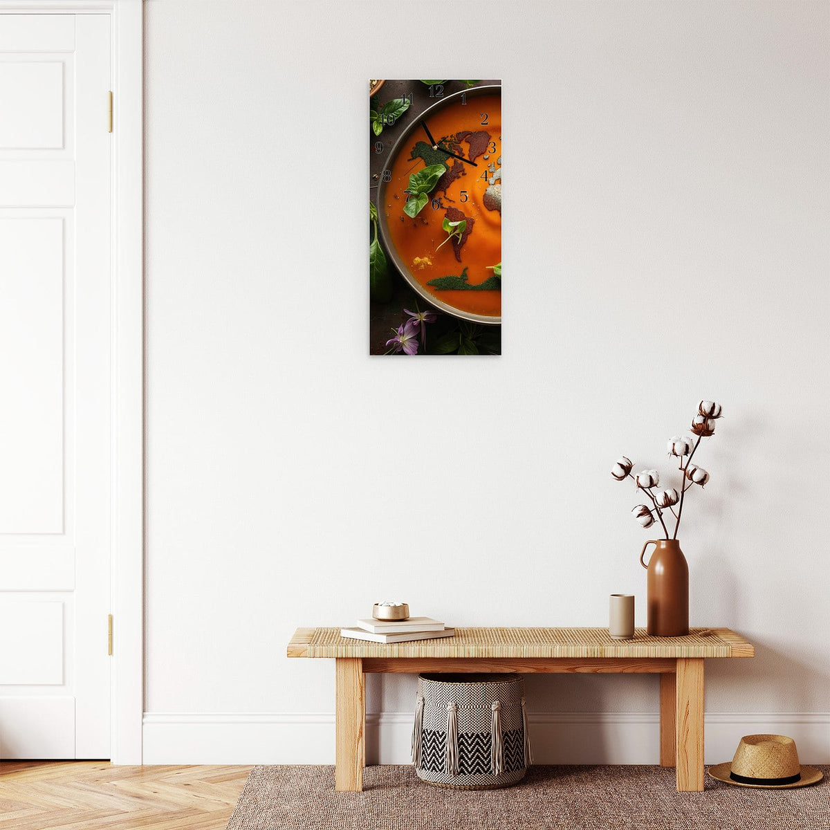 Moderne Wanduhr aus Glas mit Farbtiefe – Wanduhr Weltkarte Suppe aus Glas – Hochformat 30 × 60 cm