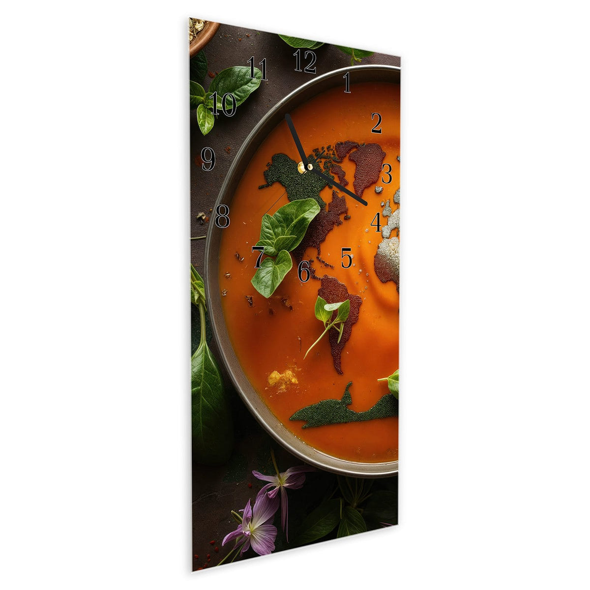Vormontiert – mit Schwebeeffekt – Wanduhr Weltkarte Suppe aus Glas – Hochformat 30 × 60 cm