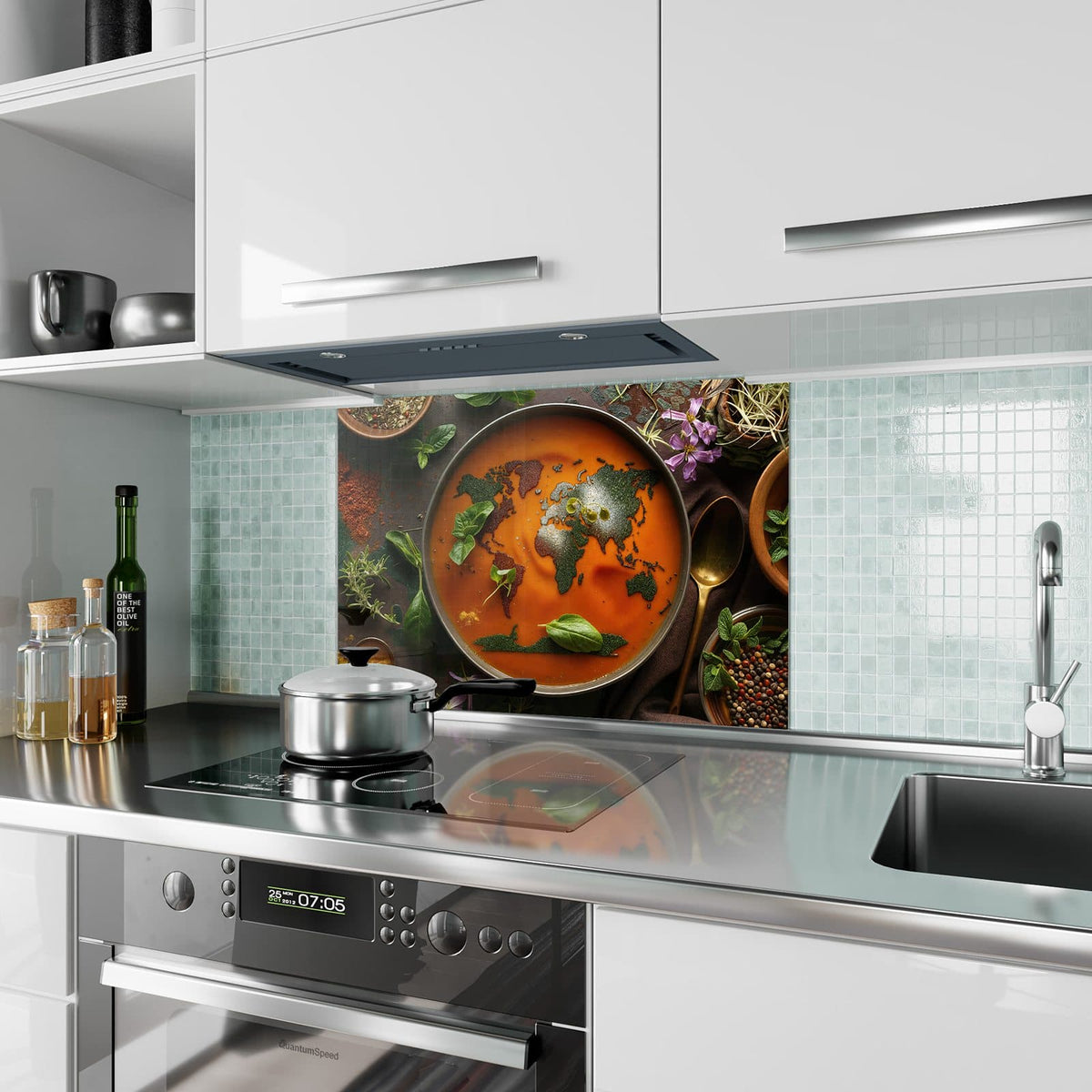 Küchenrückwand aus Glas Suppe mit Weltkarte im Hochformat als Spritzschutz hinter dem Kochfeld, über dem Fliesenspiegel montiert