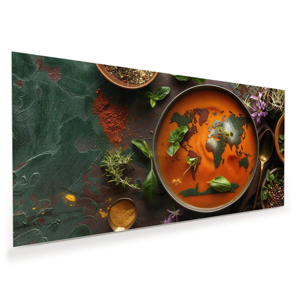 Orange Suppe in dunkler Schale, aus Kräutern und Gewürzen ist eine Weltkarte gelegt, ringsum Basilikum und Blüten.