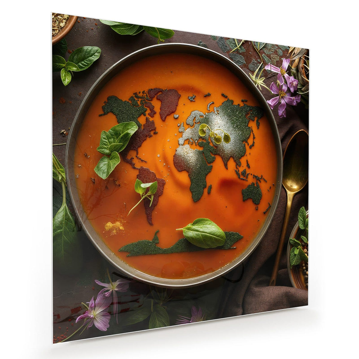 Orange Suppe in dunkler Schale, aus Kräutern und Gewürzen ist eine Weltkarte gelegt, ringsum Basilikum und Blüten.
