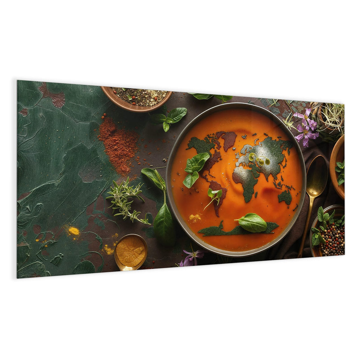 Orange Suppe in dunkler Schale, aus Kräutern und Gewürzen ist eine Weltkarte gelegt, ringsum Basilikum und Blüten.