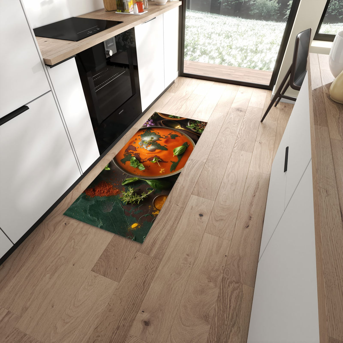 Pflegeleichter Teppich für Küche mit Motiv Weltkarte Suppe in moderner Küche #grösse_60 x 150 cm