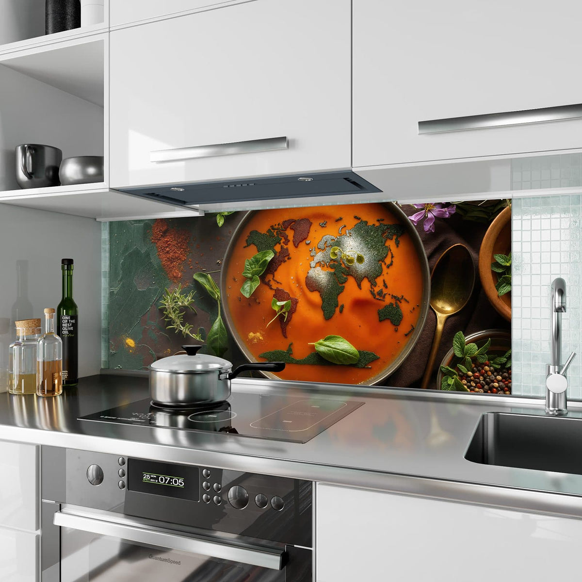 Küchenrückwand aus Glas Suppe mit Weltkarte im Hochformat als Spritzschutz hinter dem Kochfeld, über dem Fliesenspiegel montiert