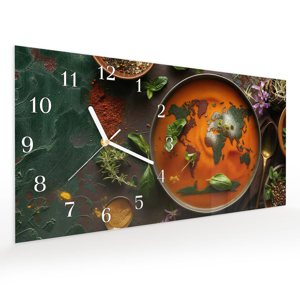 Vormontiert – mit Schwebeeffekt – Wanduhr Weltkarte Suppe aus Glas – Querformat 60 × 30 cm