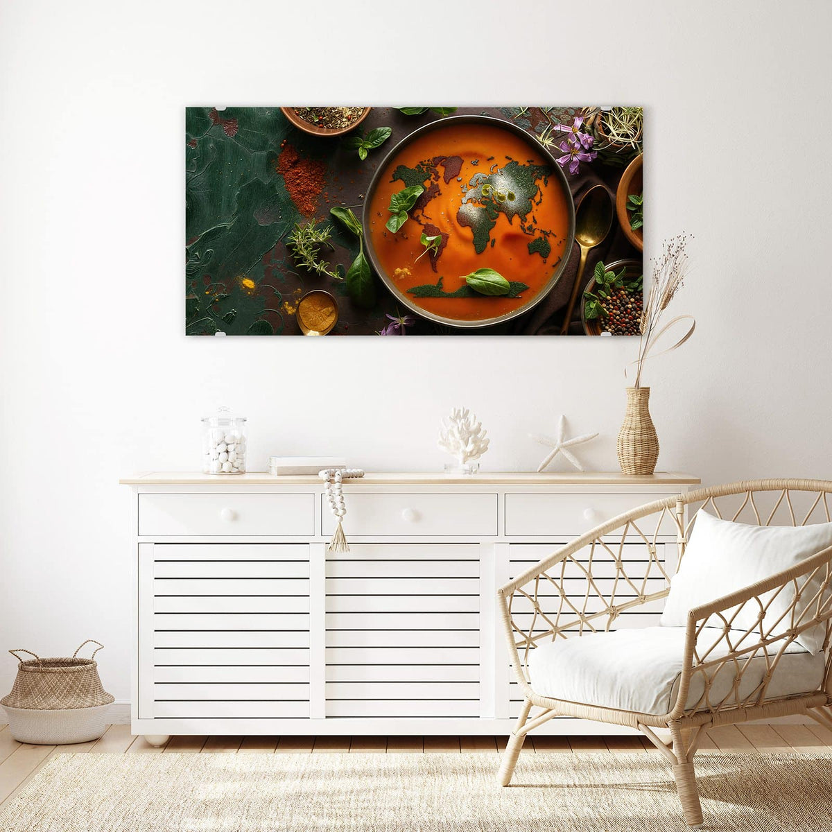 Echtglas, 4 mm – kein Acryl, keine Folie – Wandbild - Suppe mit Weltkarte - Querformat