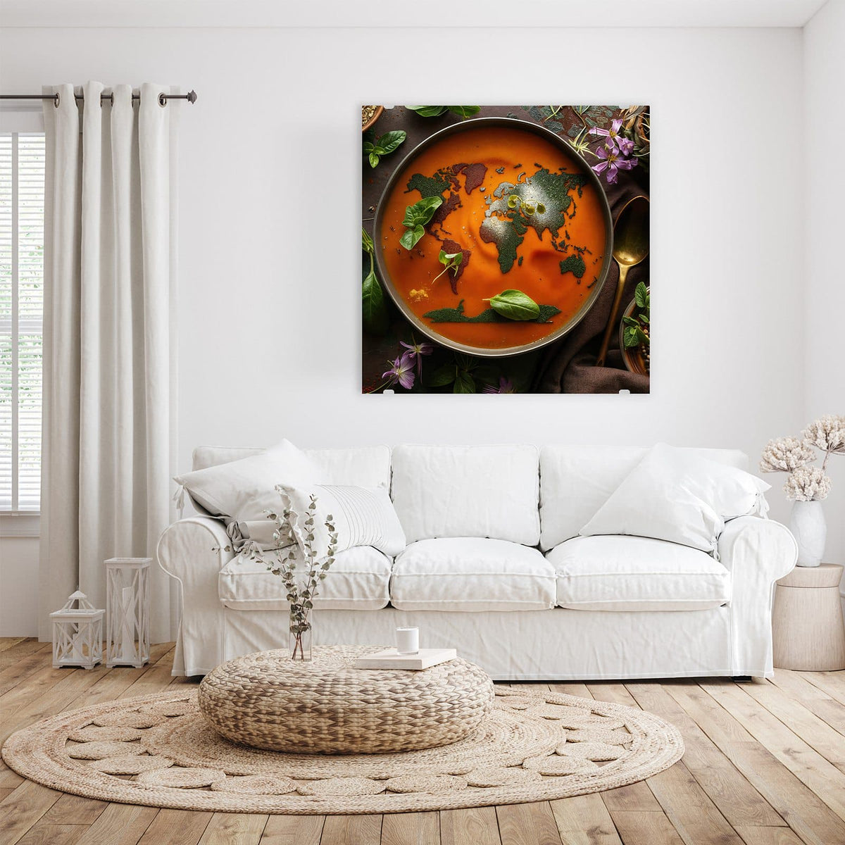 Glasbild Suppe mit Weltkarte an der Wand – Orange Suppe in dunkler Schale, aus Kräutern und Gewürzen ist eine Weltkarte gelegt, ringsum Basilikum und Blüten.