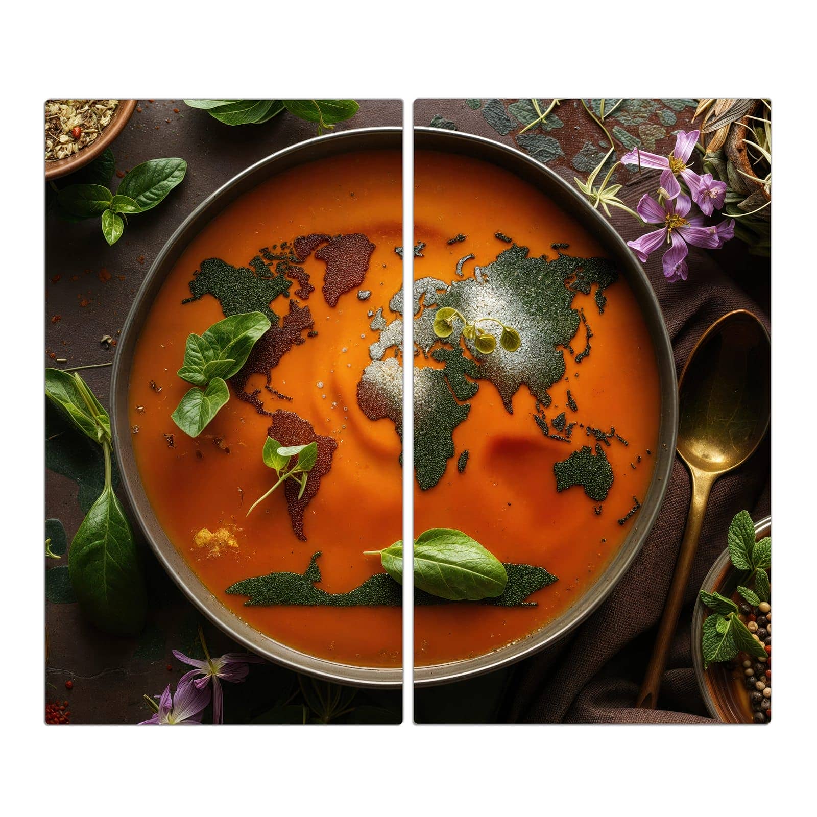 2-teilige Herdabdeckplatte mit Weltkarte Suppe-Motiv in der Frontansicht #grösse_2-Teilig (60x52cm)