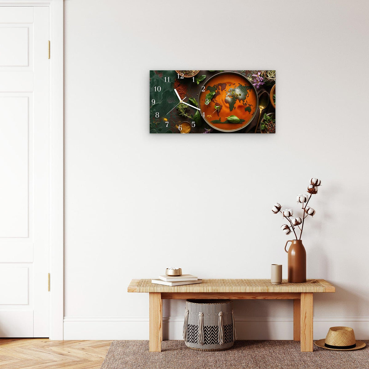 Moderne Wanduhr aus Glas mit Farbtiefe – Wanduhr Weltkarte Suppe aus Glas – Querformat 60 × 30 cm