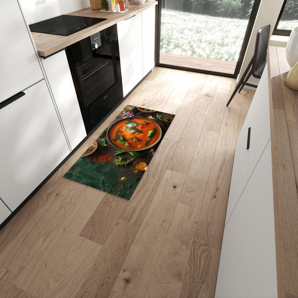 Flacher Küchenteppich mit Motiv Weltkarte Suppe in moderner Küche #grösse_60 x 120 cm