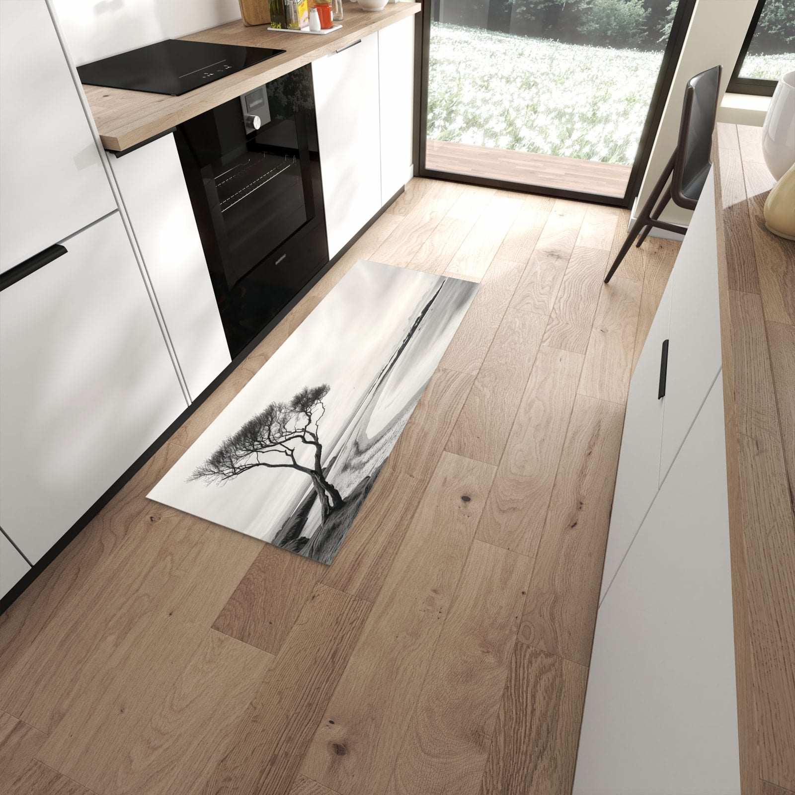 Formstabiler rutschfester Küchenläufer mit Motiv Einsamer Baum am Meer in moderner Küche #grösse_60 x 150 cm