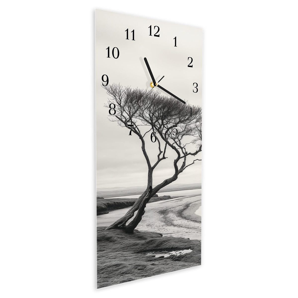 Vormontiert – mit Schwebeeffekt – Wanduhr Einsamer Baum am Meer aus Glas – Hochformat 30 × 60 cm