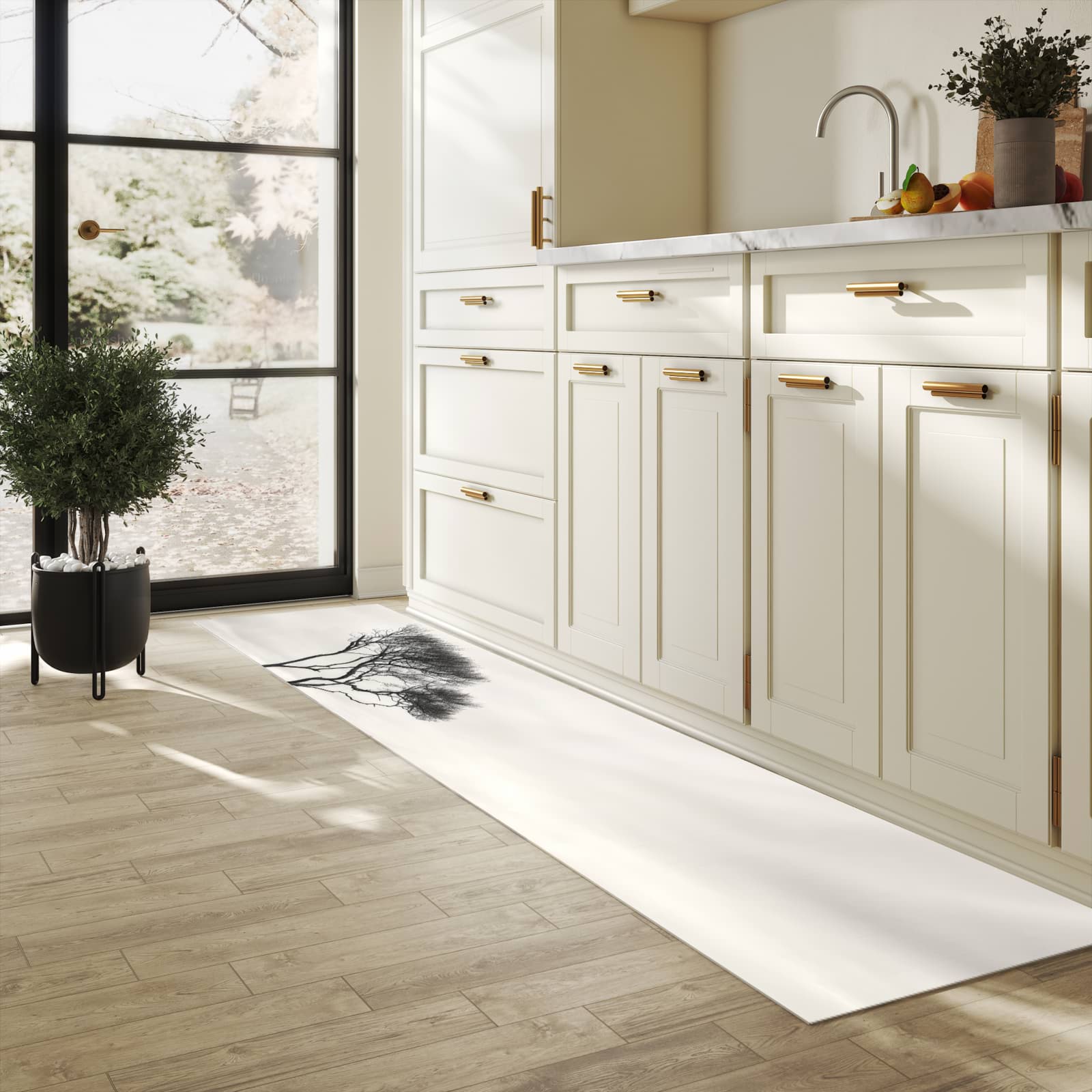 Pflegeleichter dünner Küchenteppich mit Motiv Einsamer Baum am Meer in heller Küche