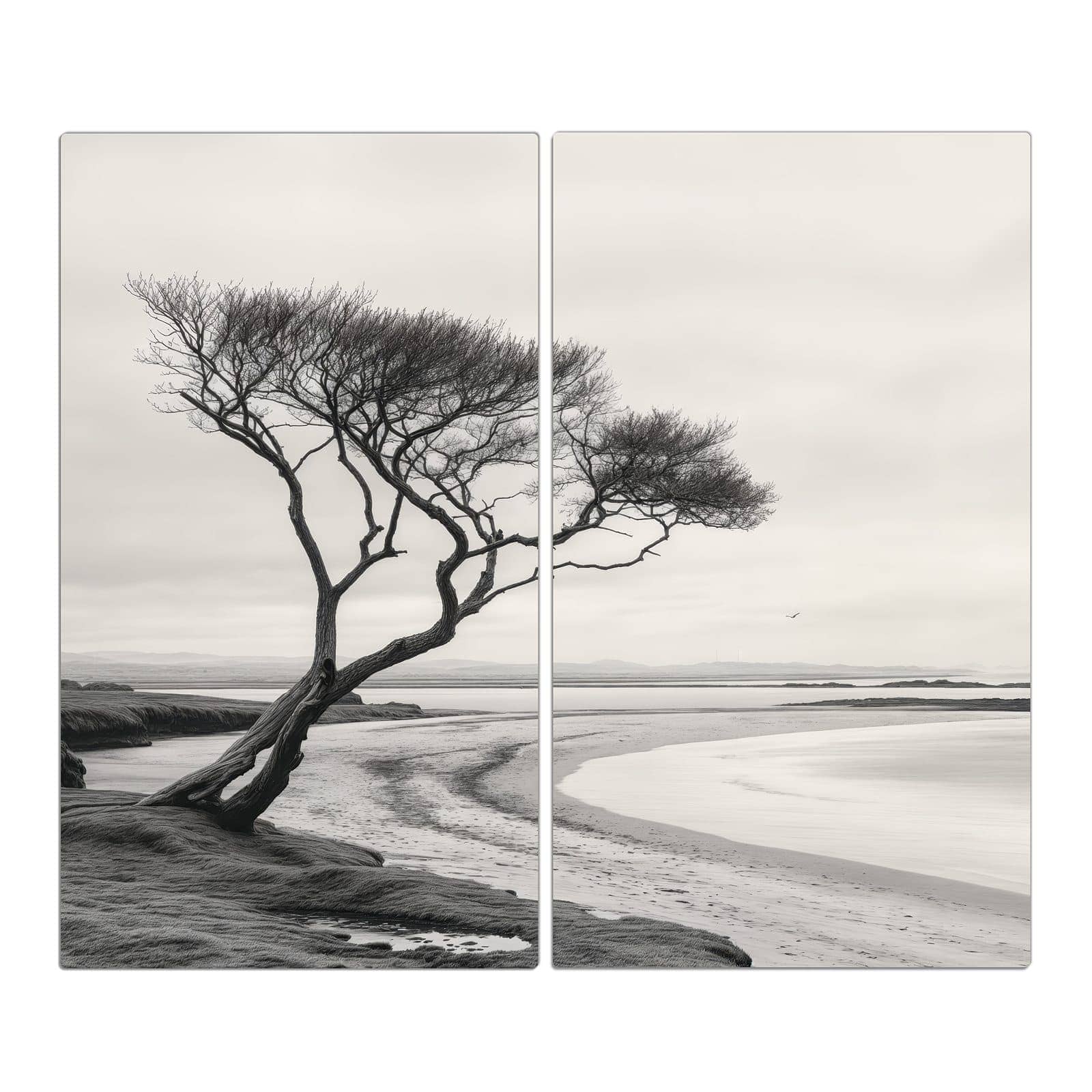 2-teilige Herdabdeckplatte aus Glas mit Einsamer Baum am Meer-Motiv in der Frontansicht #grösse_2-Teilig (60x52cm)
