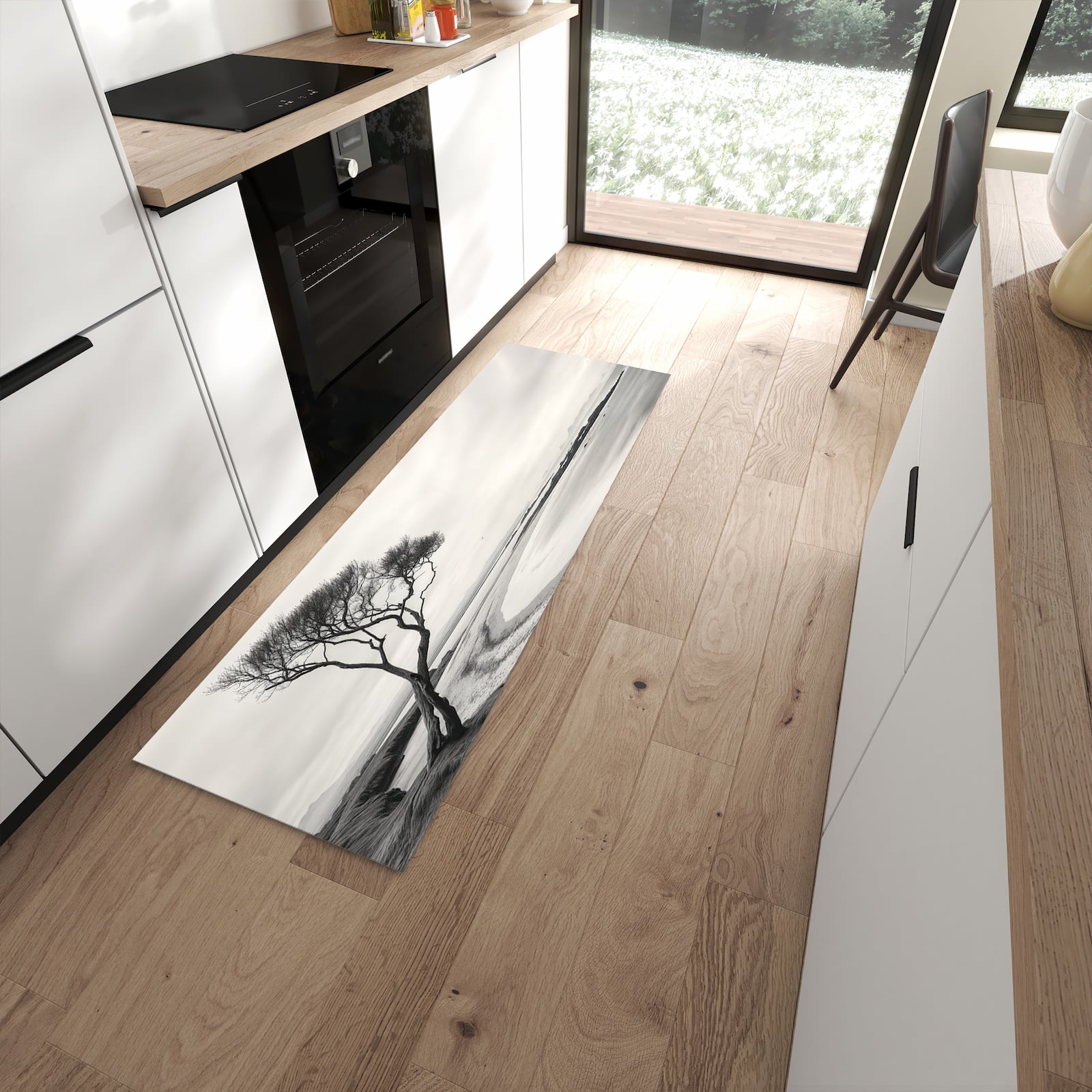 Rutschfester Küchenläufer mit Motiv Einsamer Baum am Meer für sicheren Stand in moderner Küche