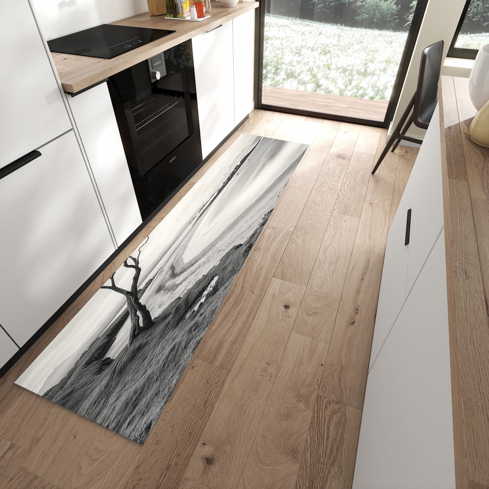 Zeitsparender rutschfester Küchenläufer mit Motiv Einsamer Baum am Meer in moderner Küche